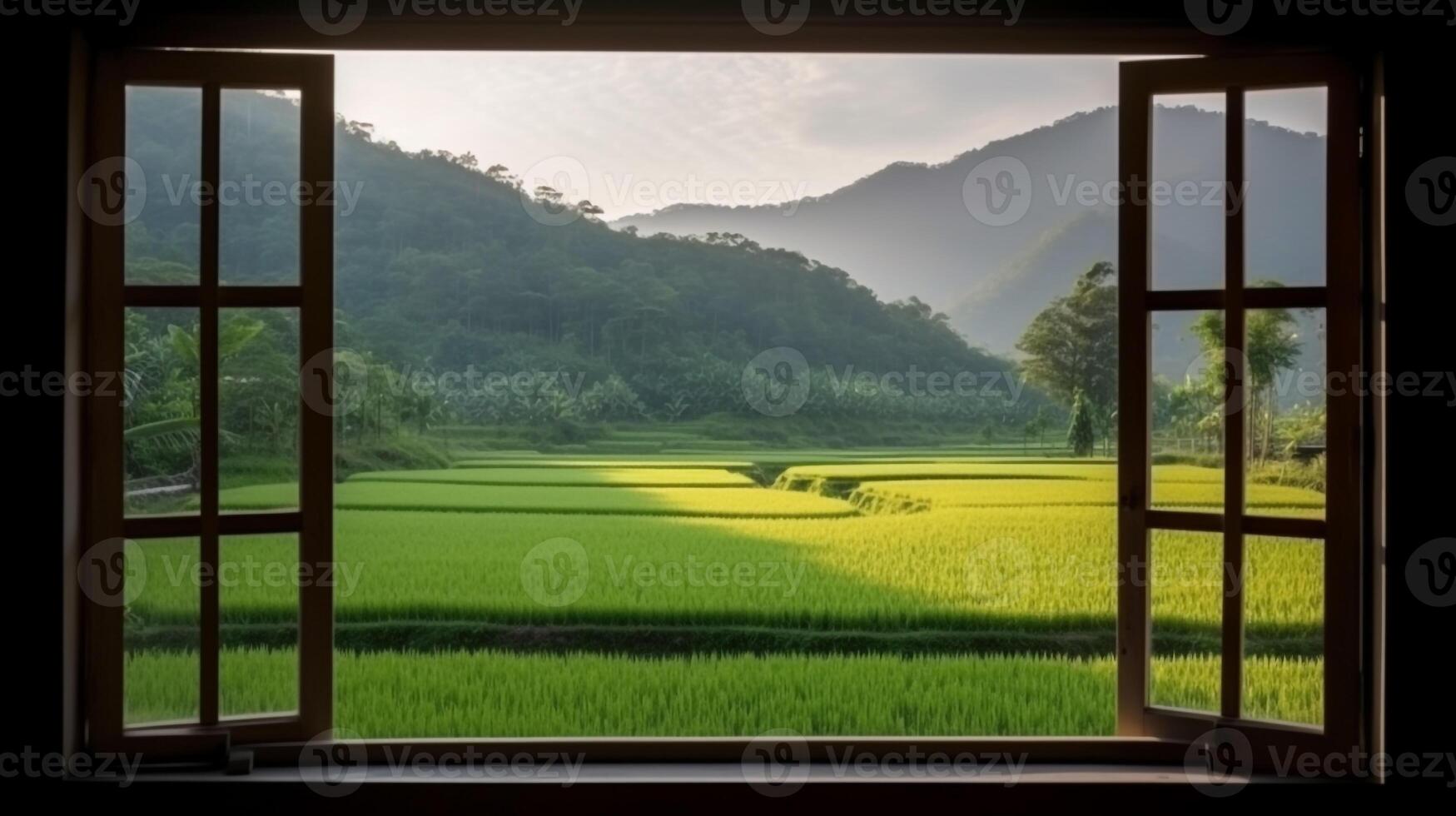 un ventana ver de un arroz campo con montañas en el antecedentes. ai generativo foto