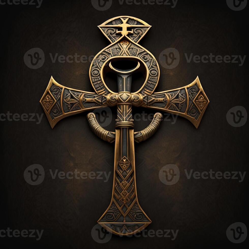 Ancient golden ankh symbol isolated on dark background. Illustration of an Egyptian cross in digital form. The ancient Egyptians used the Ankh as a symbol for eternal life. photo