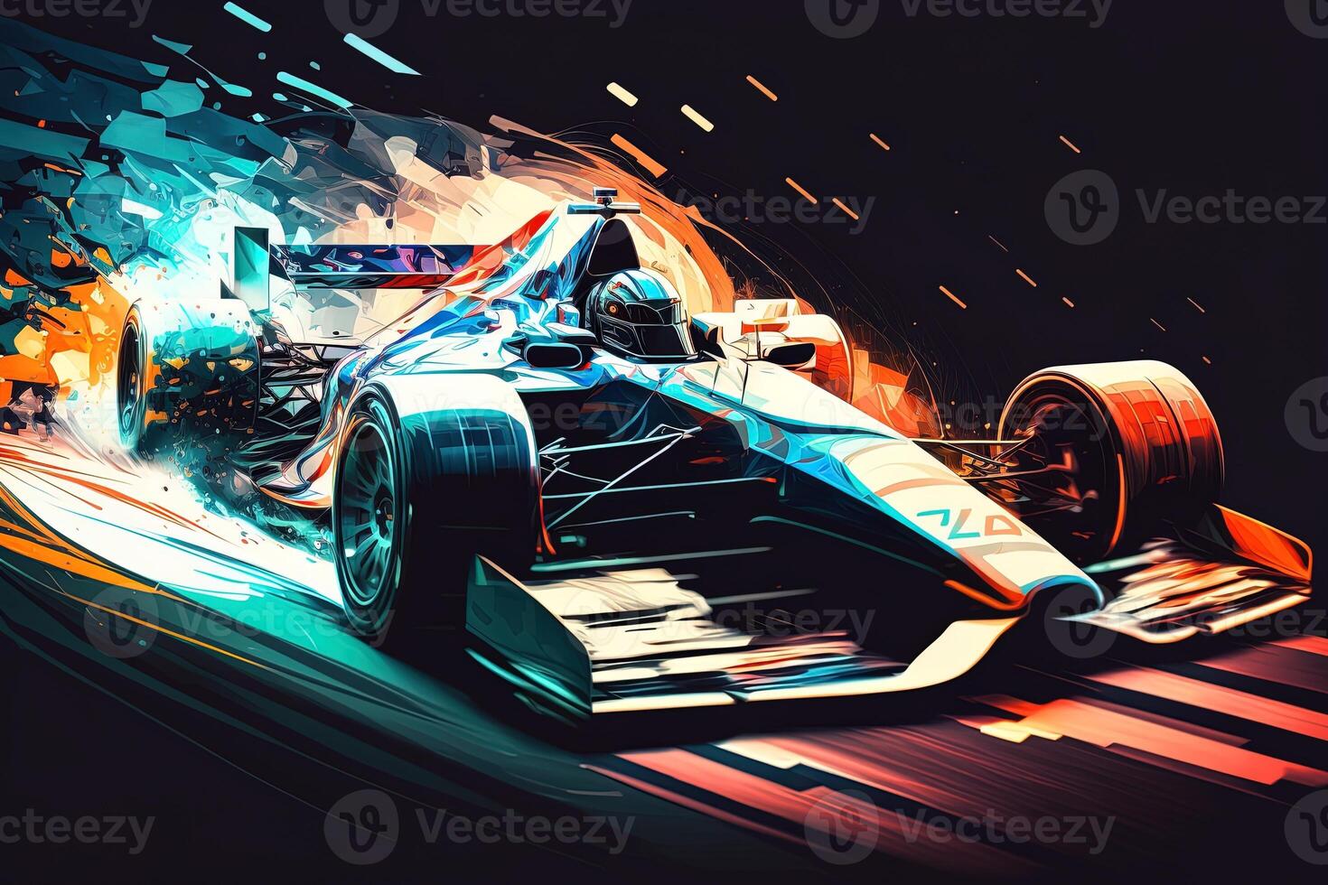 Futuristic racing formula at fast ride to finish. Post product digital illustration. Racing car in motion, Powerful acceleration of a car on a night track with colorful lights and trails photo