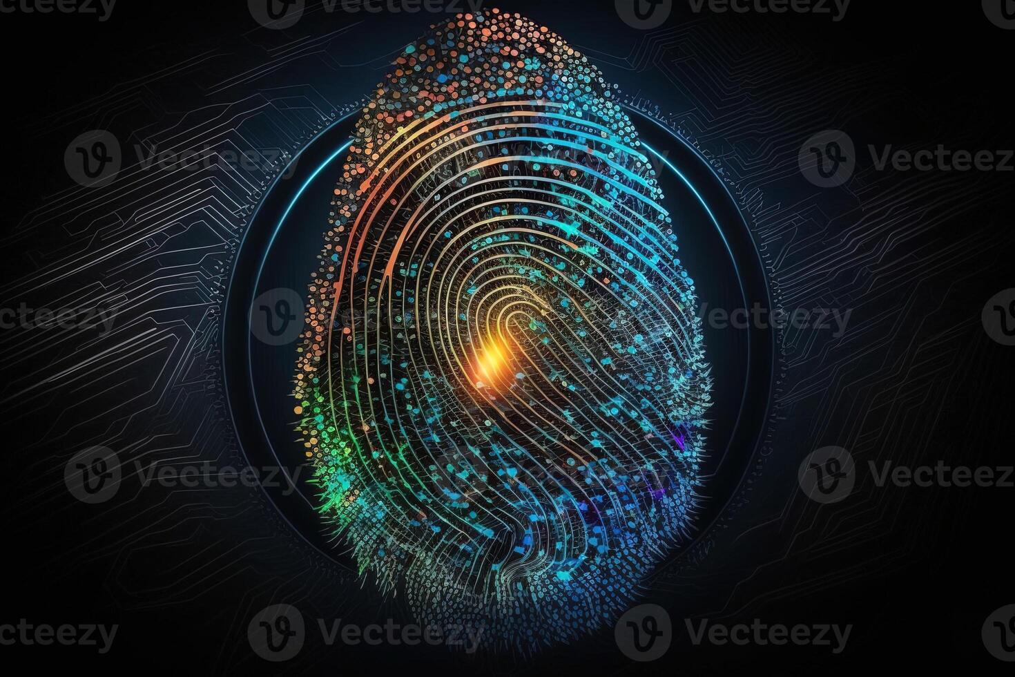 Photo of Holographic Fingerprint Security in the Digital Age, Protecting Big Data with AI Technology . Fingerprint integrated in a printed circuit, releasing binary codes.