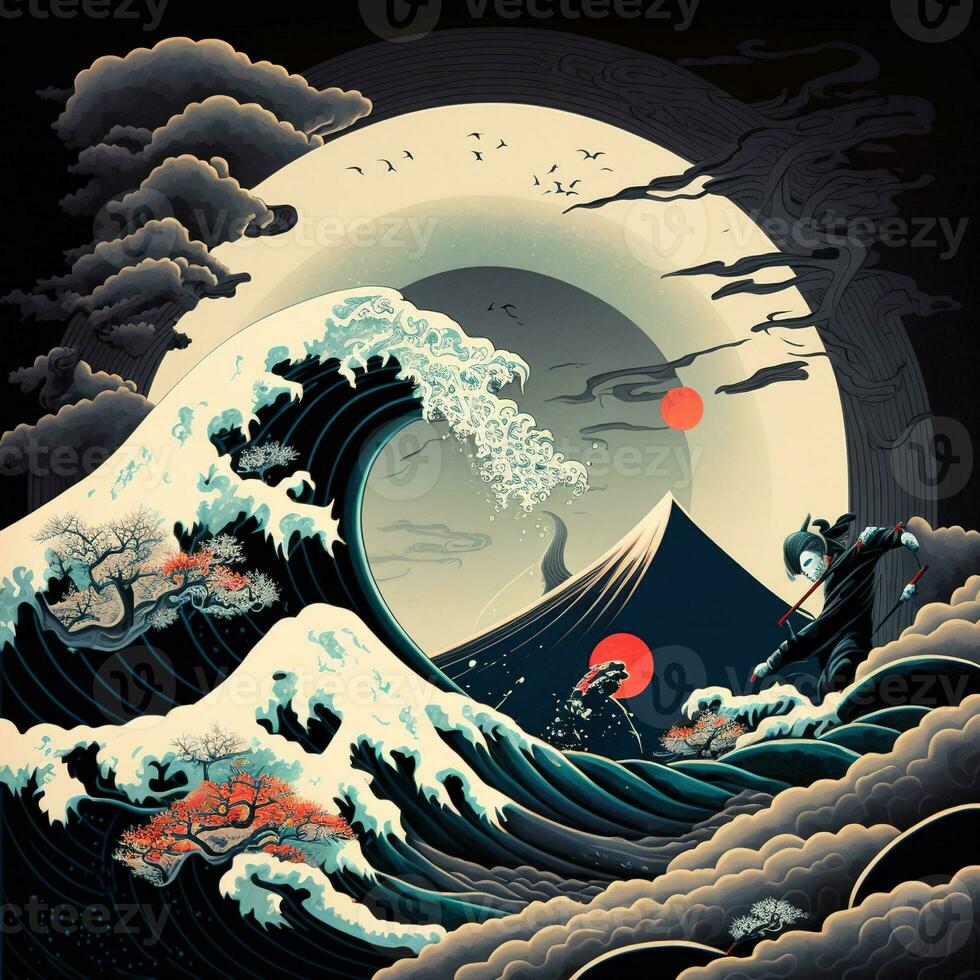 The great wave off kanagawa painting reproduction. Japanese style. Ukiyo-e style painting of the null void changing photo