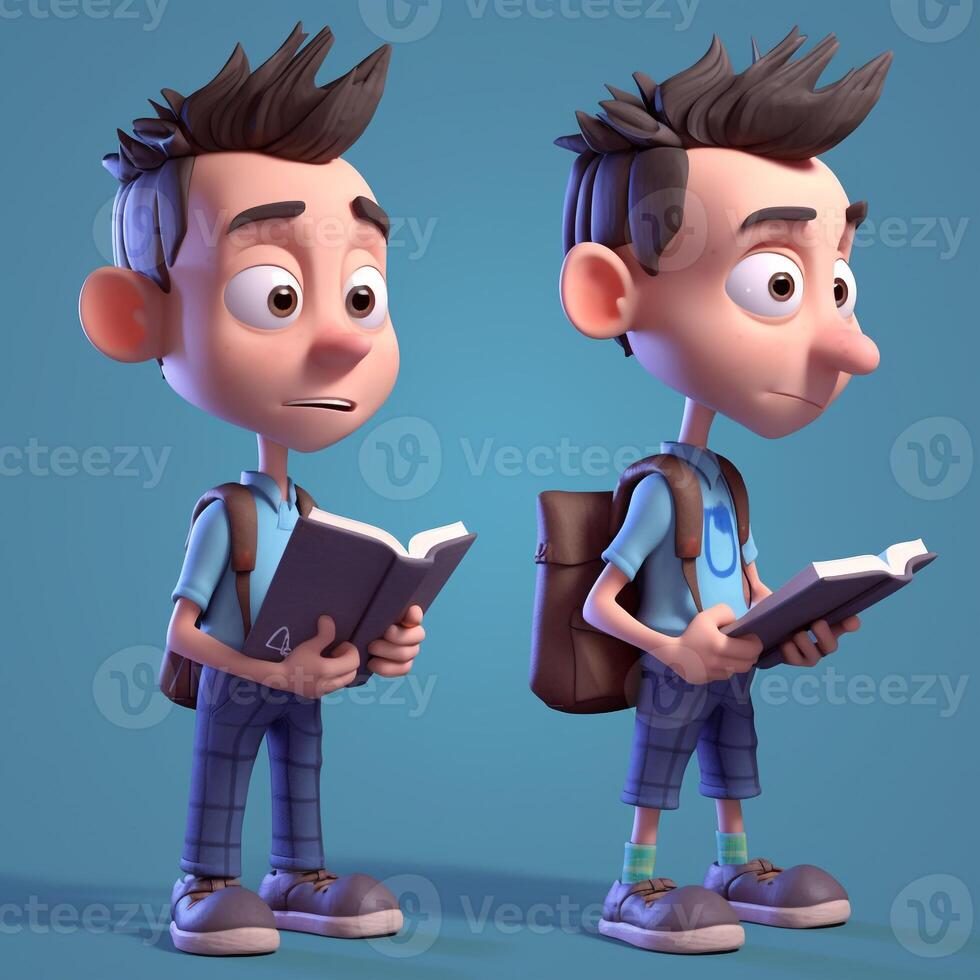 Cartoon 3d character reading a book, study concept. photo