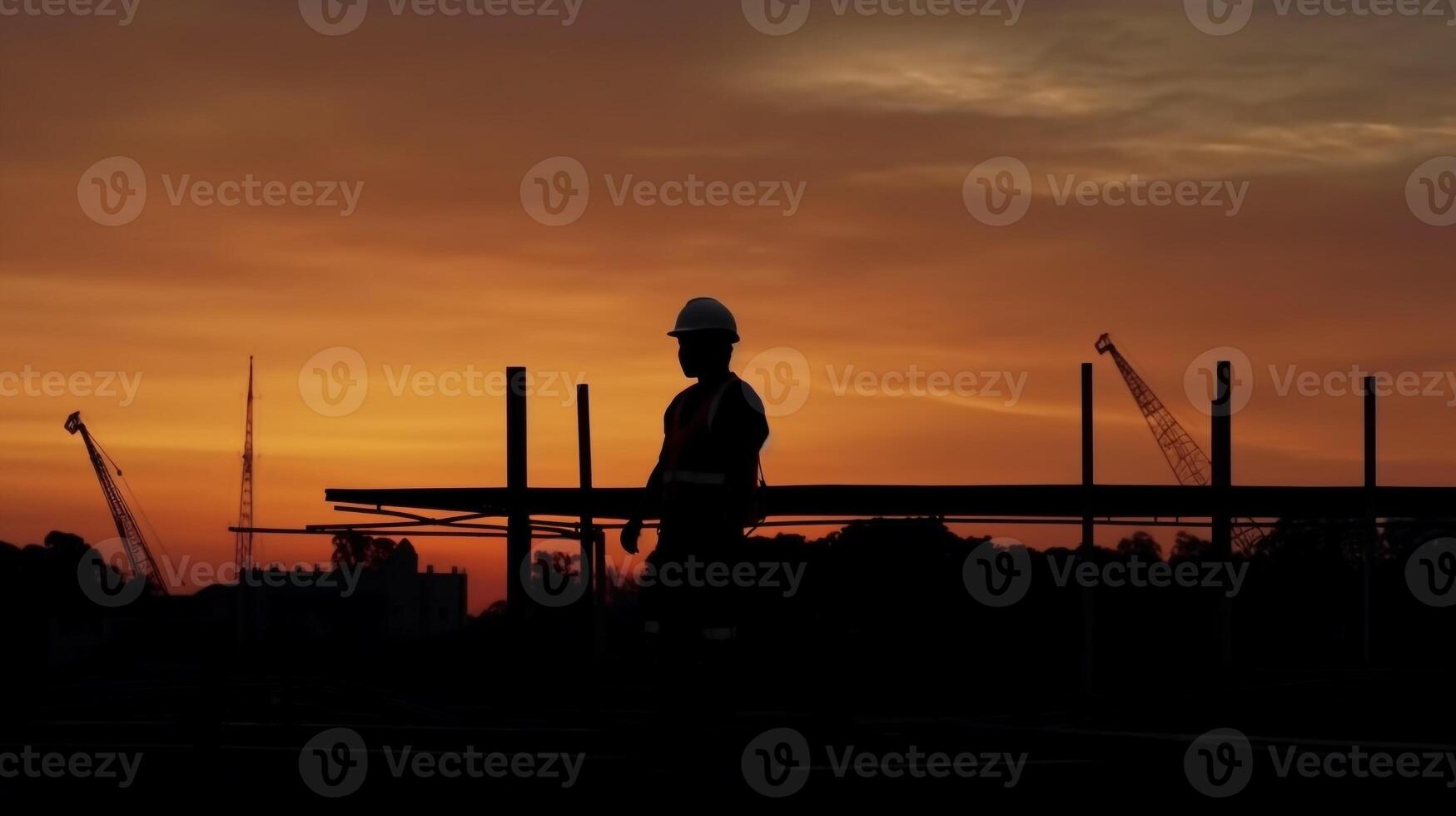 silhouette of construction worker at golden hour. photo