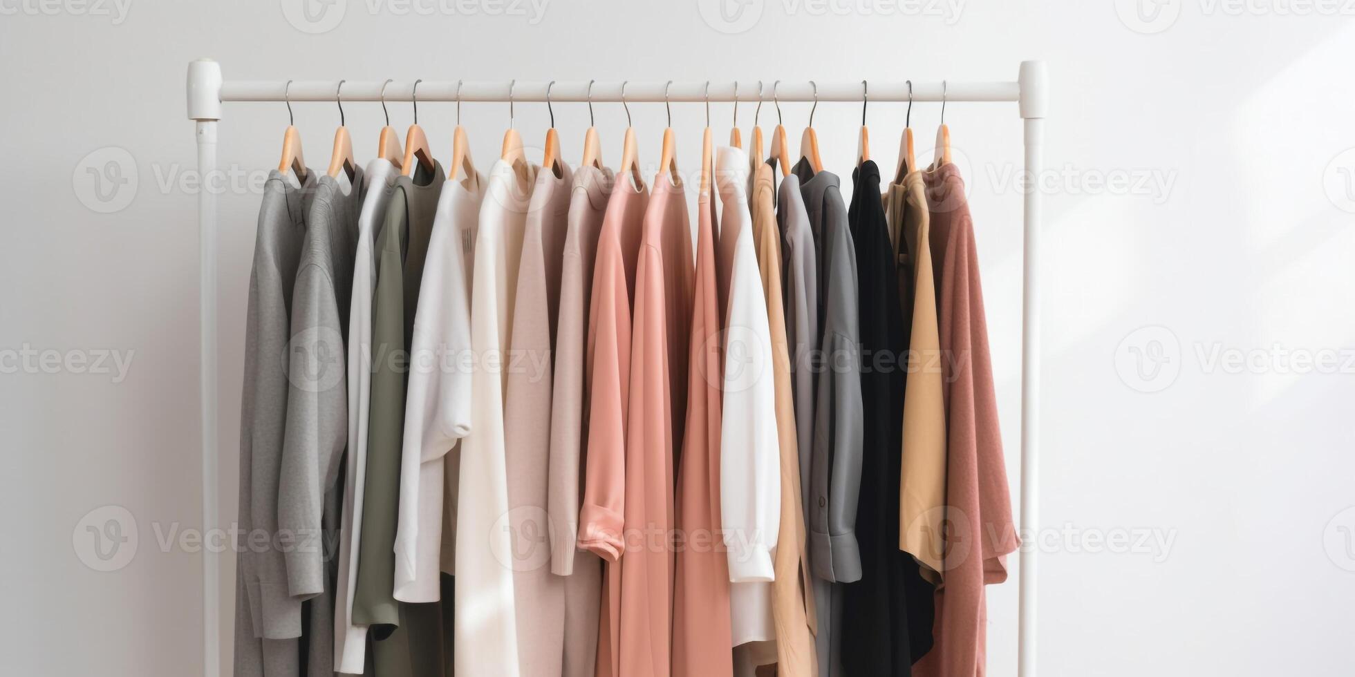 various women fashion clothes hanging on rack. photo