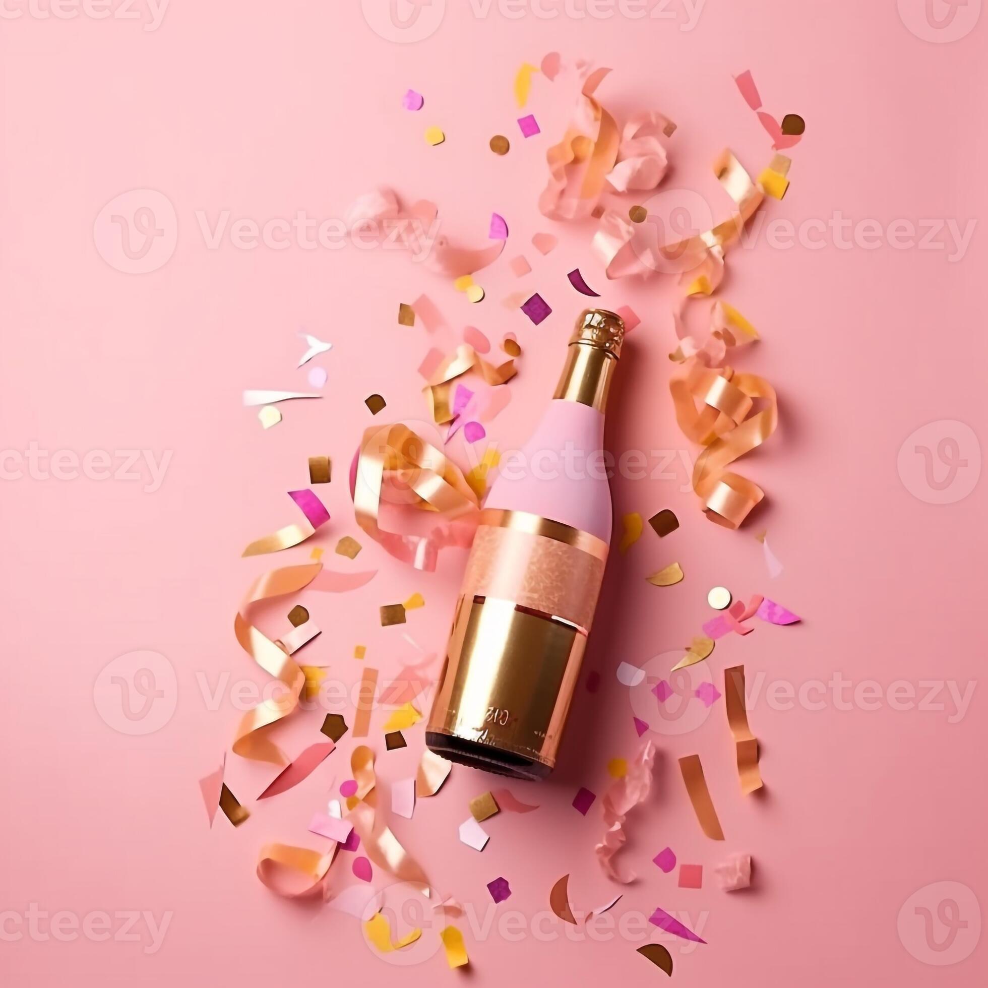 Golden champagne bottle with confetti stars and party streamers