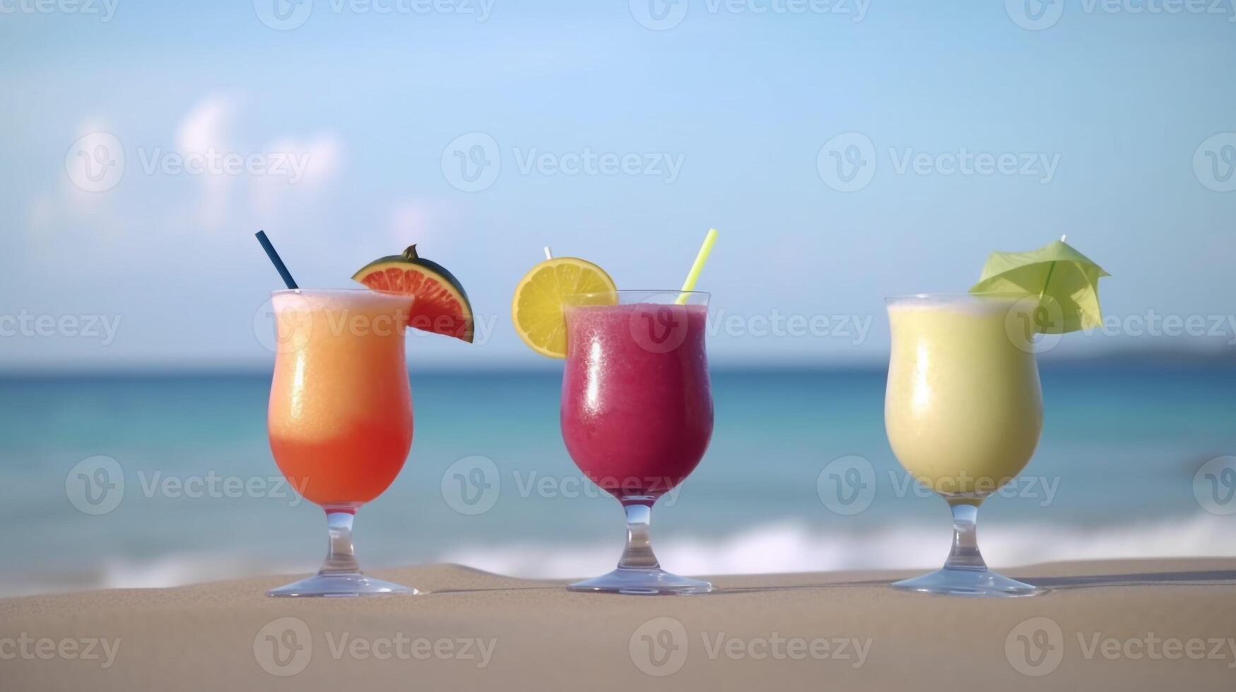 set of fresh cocktail on tropical beach background. photo