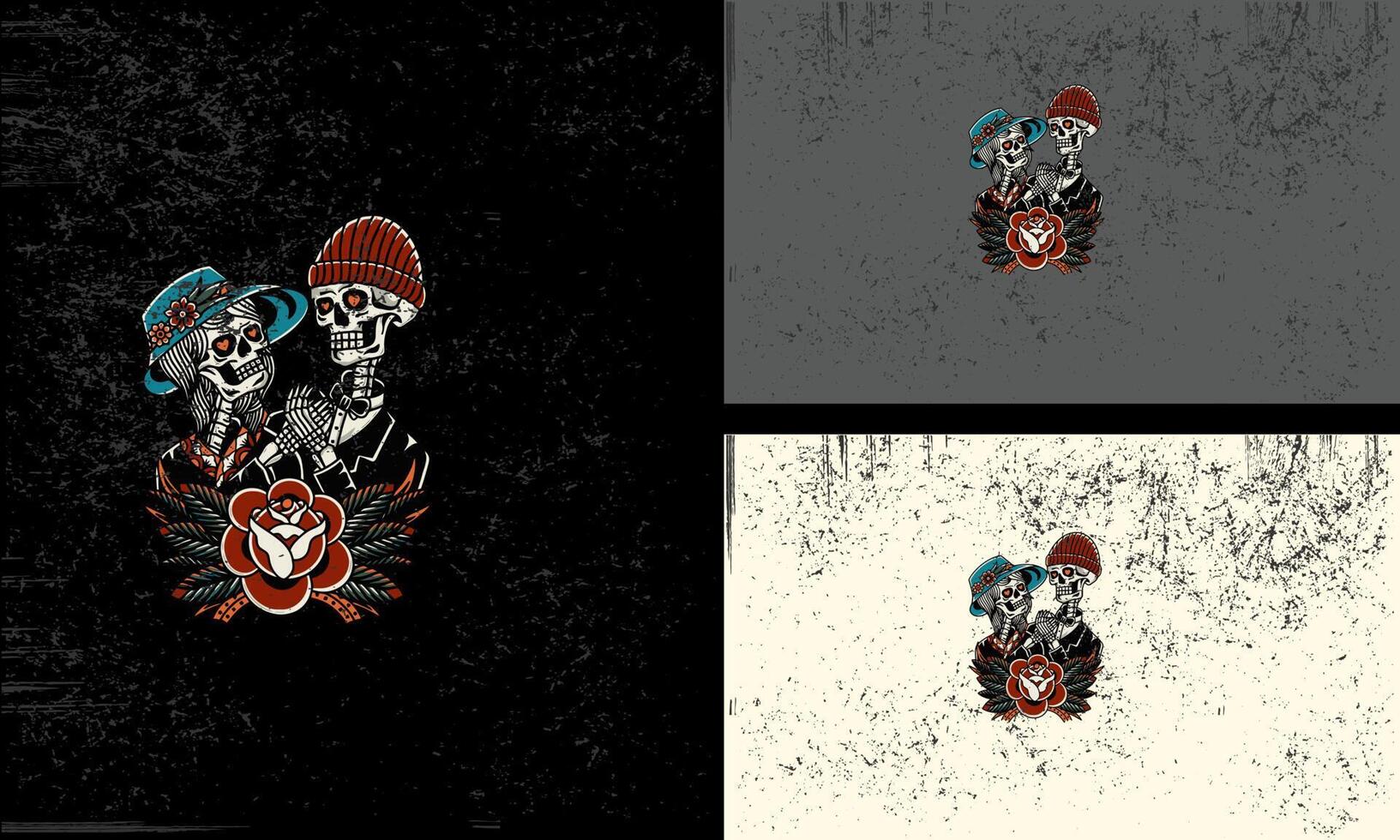 couple skull and flowers vector flat design
