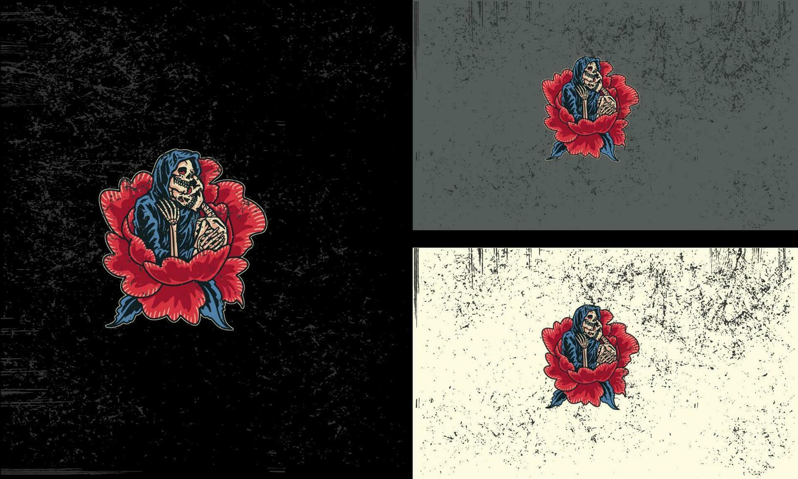 head skull and red flowers vector mascot design