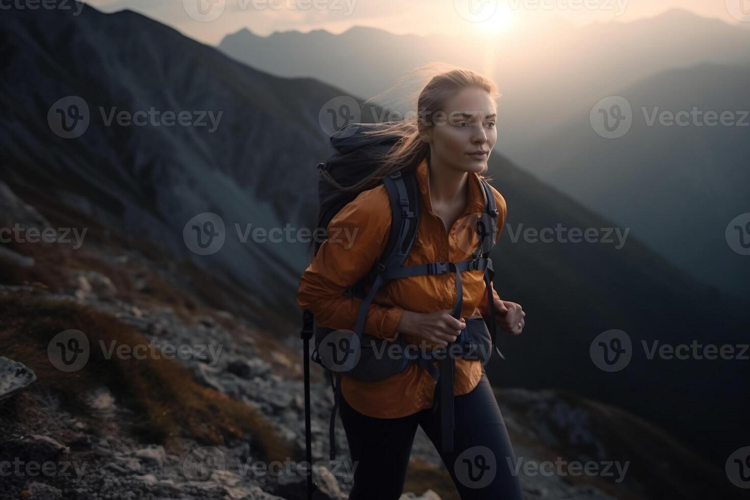 un niña excursionismo en montaña. ai generativo foto