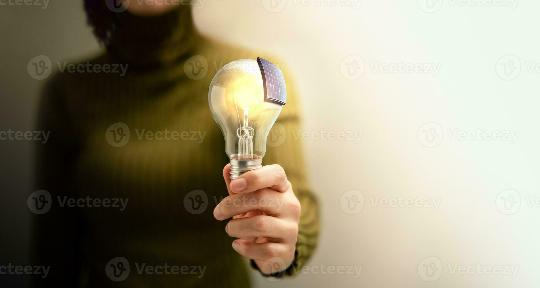 Green Energy Concepts. Carbon Neutral and Emission ,ESG for Clean Energy. Sustainable Resources, Renewable and Environmental Care. Woman with Light Bulb Solar Panel Roof photo