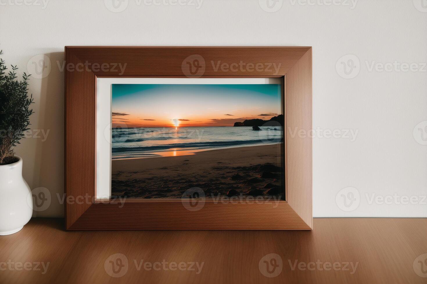 Photo frame on the wooden table. Blank wooden photo frame. Mock up.