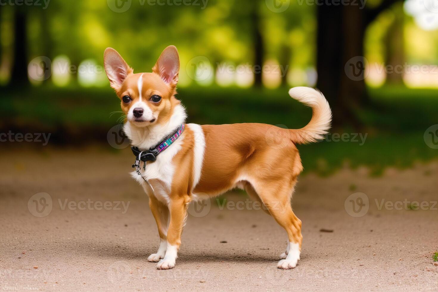 Cute Chihuahua puppy on a walk in the park. photo