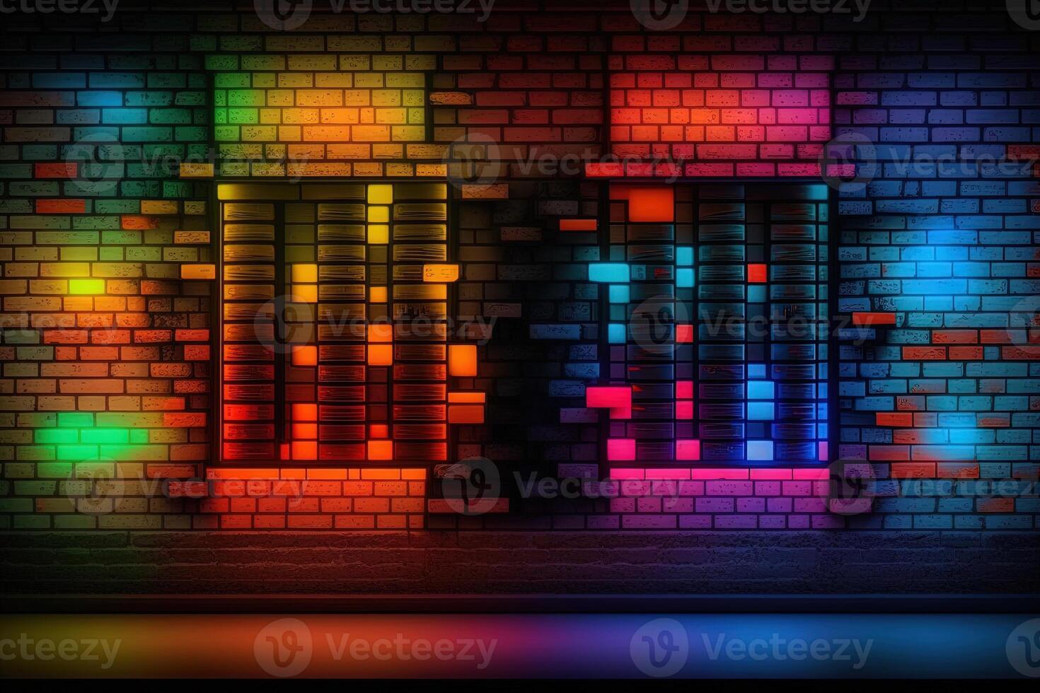 Modern futuristic blank brick wall background with neon lights. old grunge brick wall room background. Colorful copy space concept. photo