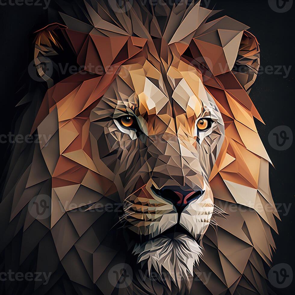 generativo ai ilustración de creativo de león hecho de vistoso geométrico formas en antecedentes. líder, coraje, fuerte y corajudo, majestuoso león foto