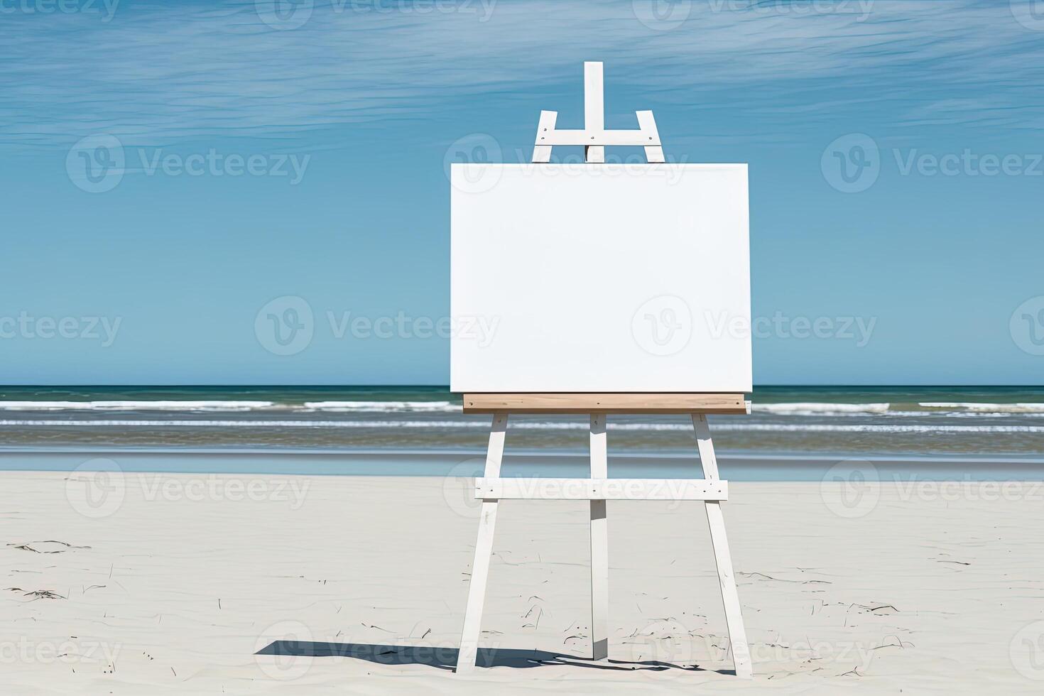 White blank artist frame on a small wooden easel on summer sea beach background with copy space. Advertising mockup artboard for pictures or artwork. Painting frame template banner. photo