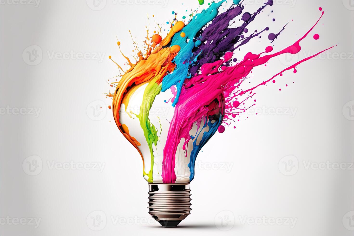 ilustración de vistoso bulbo con chapoteo de colores en blanco antecedentes. creatividad, eureka, imaginación, inspiración. generativo ai. idea y solución concepto foto