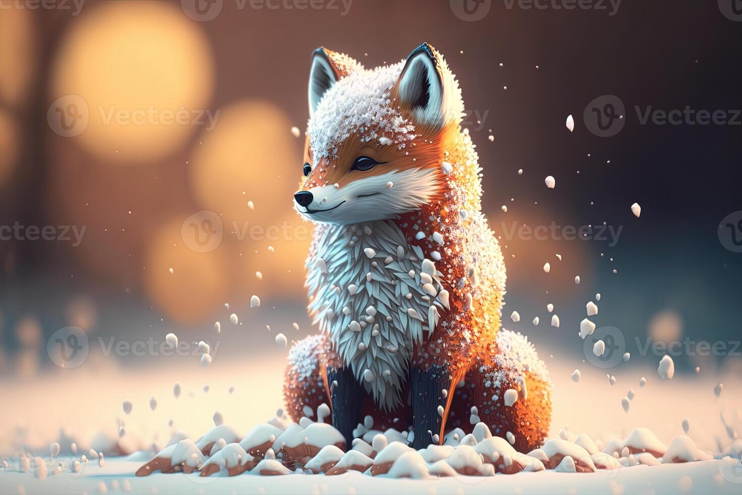 Cute red fox baby cartoon dreamlike in snow, winter, . Animal and landscape concept. photo