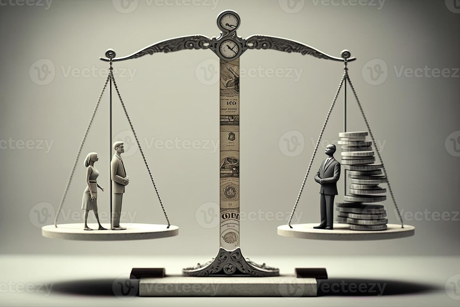 Scales with time and people on one side and money on the other, concept of ideas and innovation, time travel. Digital illustration. photo