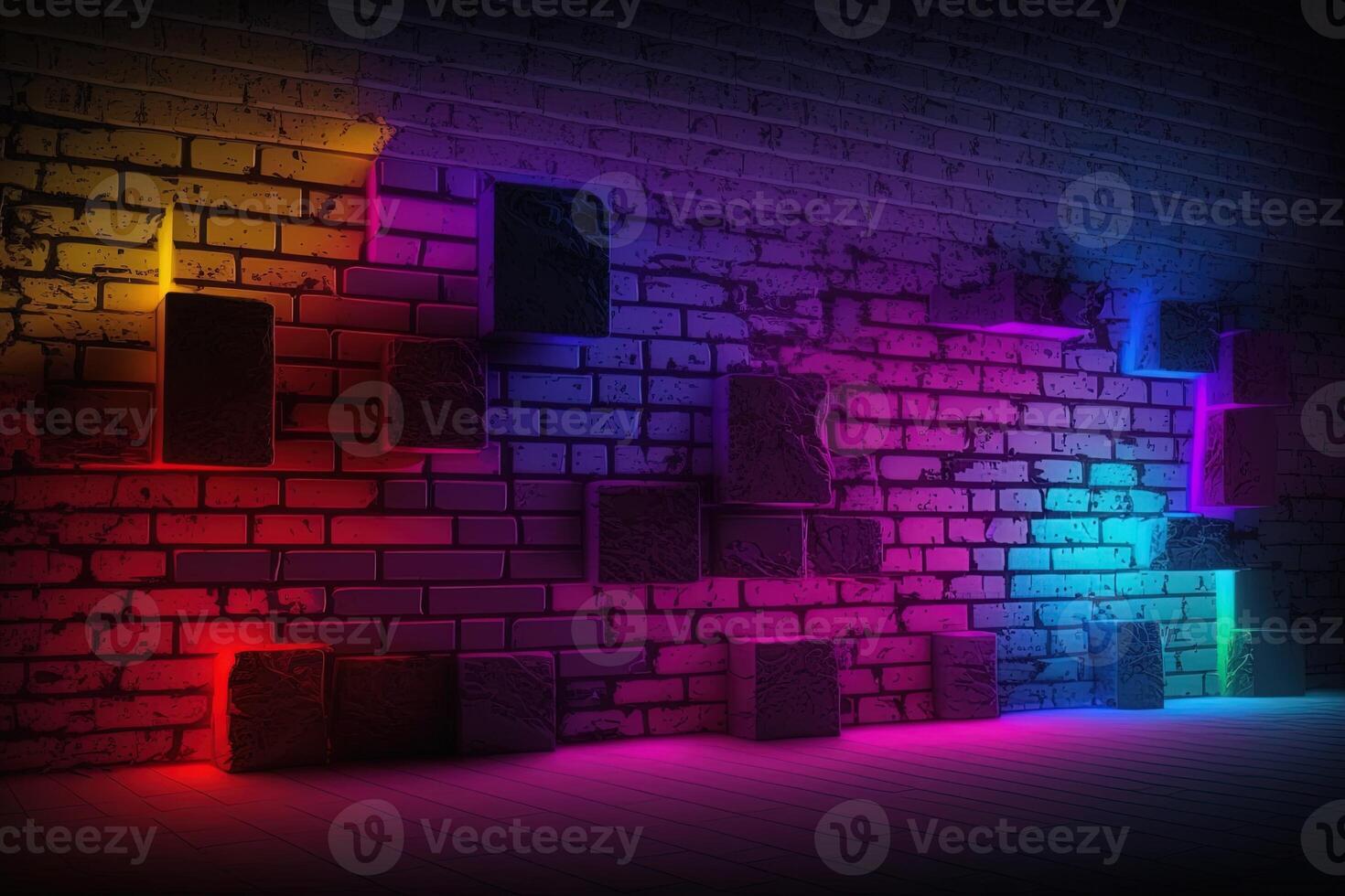 Modern futuristic blank brick wall background with neon lights. old grunge brick wall room background. Colorful copy space concept. photo
