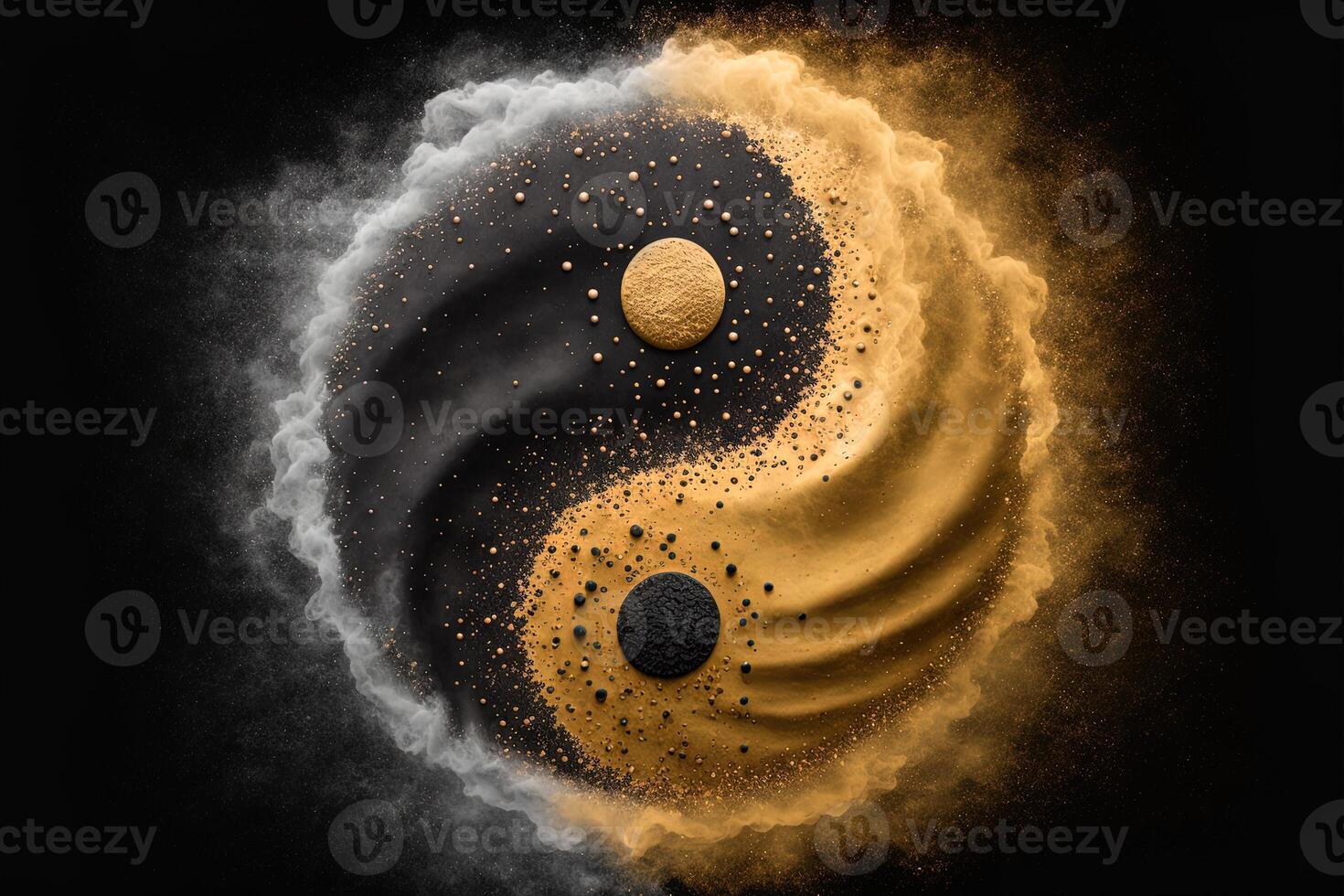 Golden and black yin yang symbol with floating powder on black background. abstraction, Buddhism, Hinduism, symbol, religion, balance concept. photo