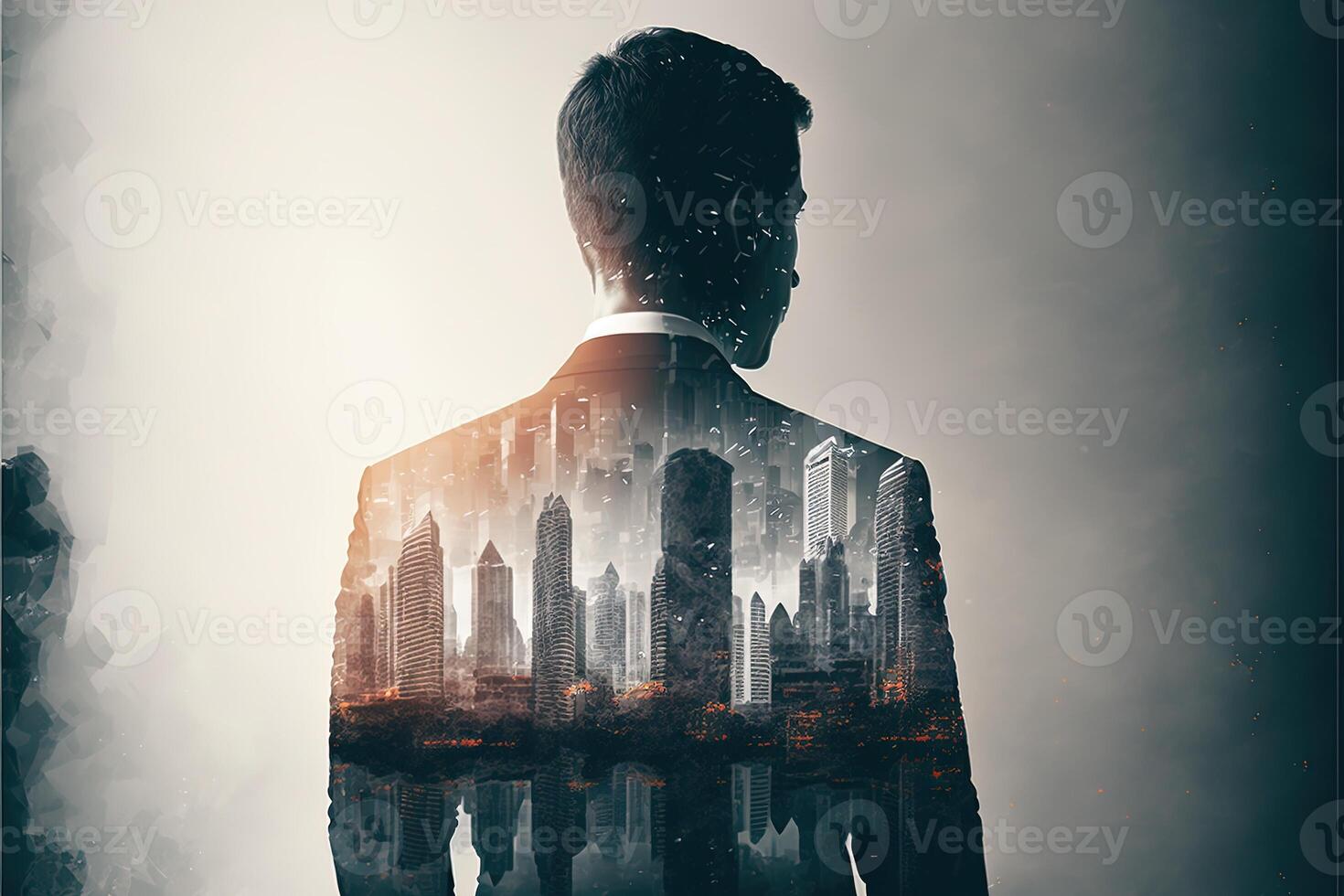 The double exposure image of the business man standing back overlay with cityscape image. The concept of modern life, business, city life and internet of things. photo