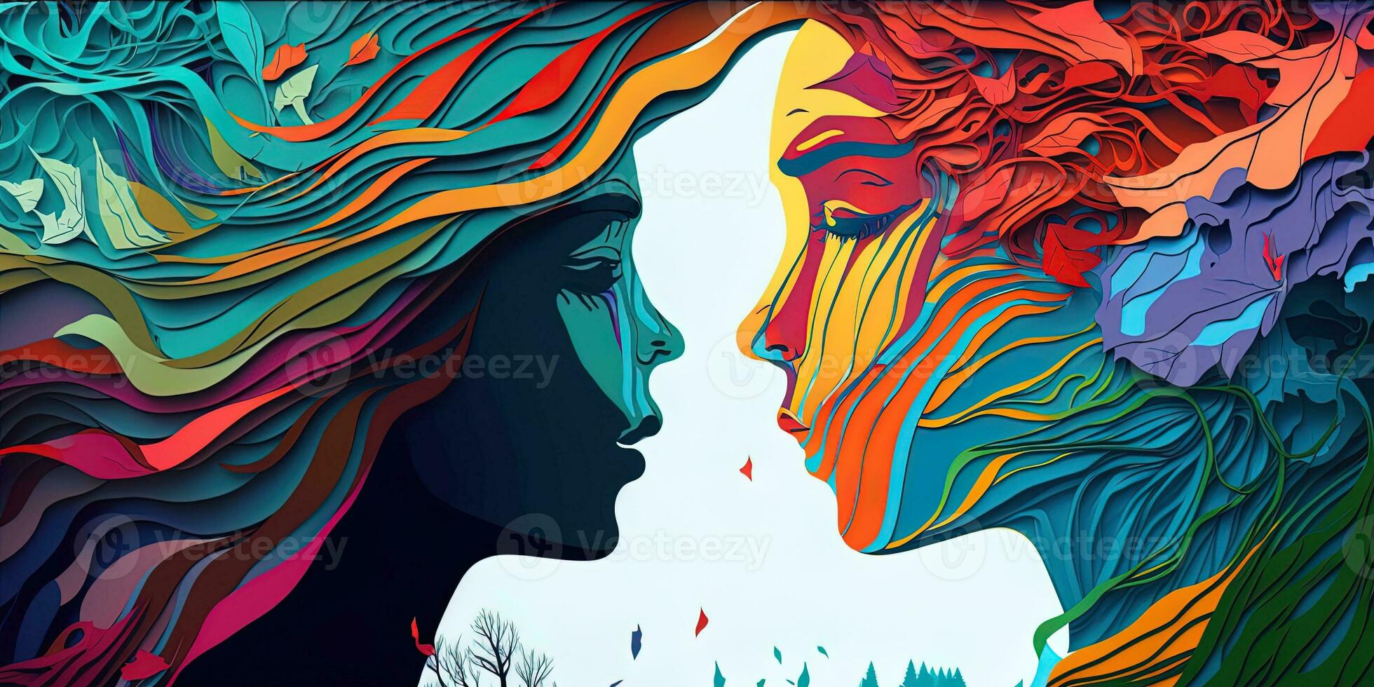 Generation AI abstract colorful vibrant colors male and female look together with landscape background. Concept of love photo