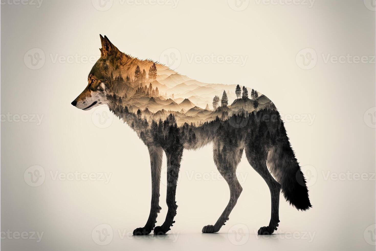 Double exposure of a wolf and jungle on white background. Camping concept. Vintage Grizzly for t-shirt design, sticker, poster, and wallpaper. photo