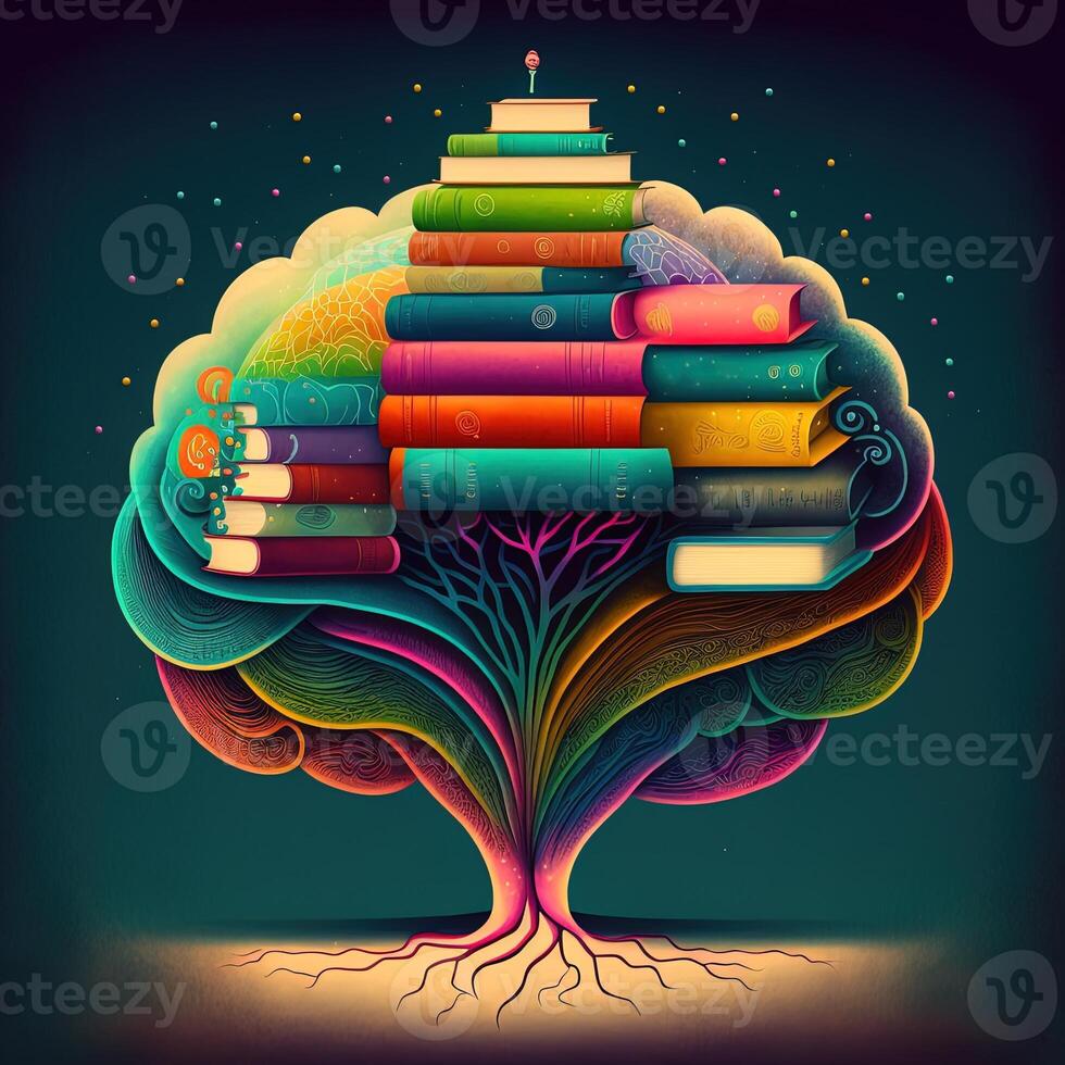 This whimsical image shows a brain with a library inside, its neurons and synapses lit up in a rainbow of joyful colors. A stack of books on a shelf indicates knowledge and learning, photo