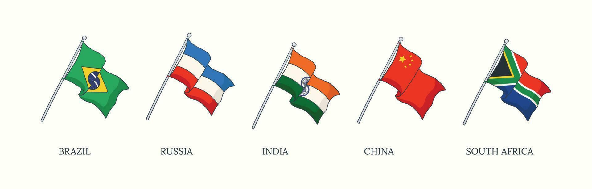 Brazil, Russia, India, China, and South Africa flags. BRICS vector