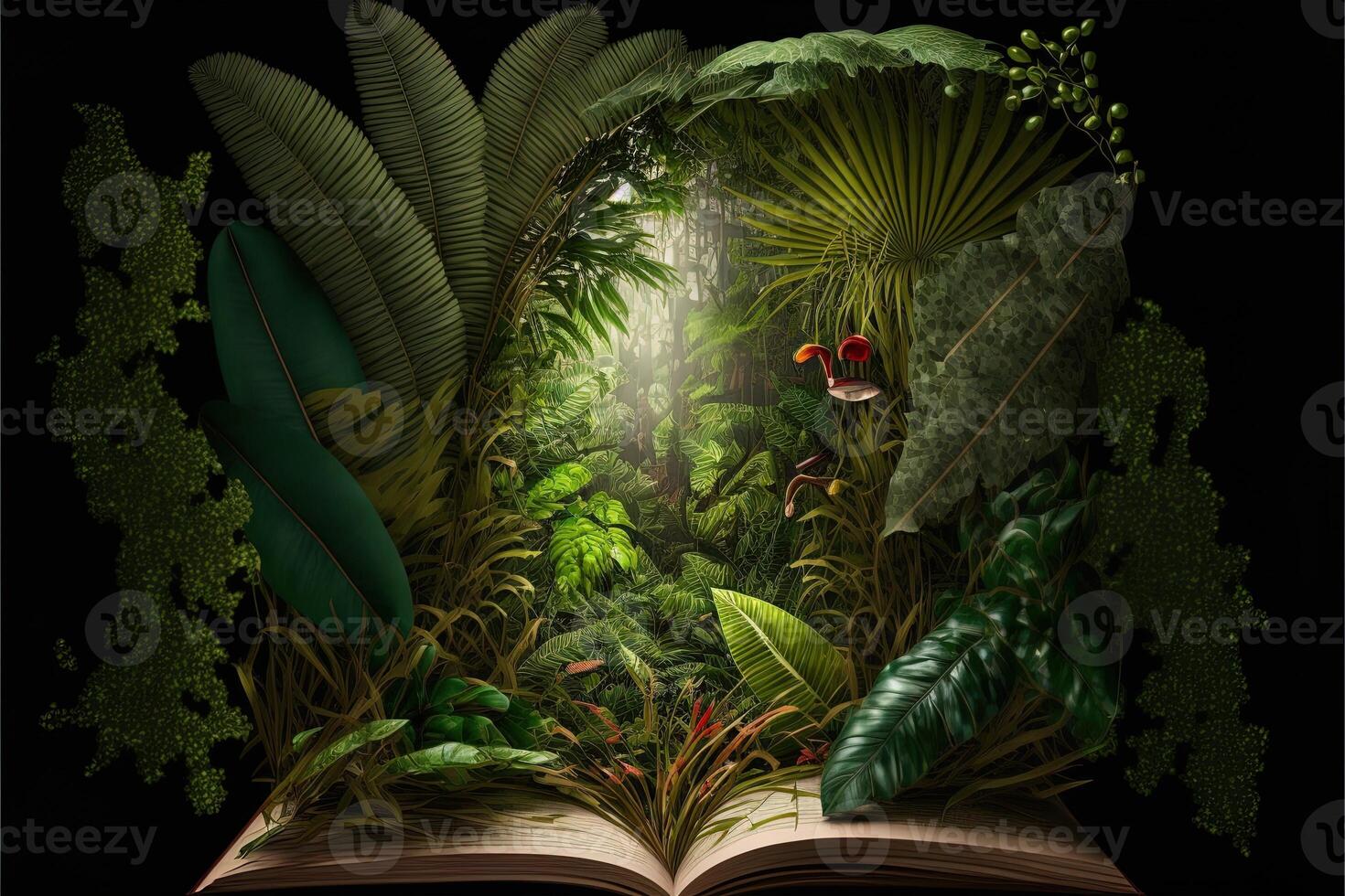 A tropical rainforest jungle with parrot, bird, monkey, wolf appearing opening a book. Jungle book for kid. fantastic jungle landscape. photo