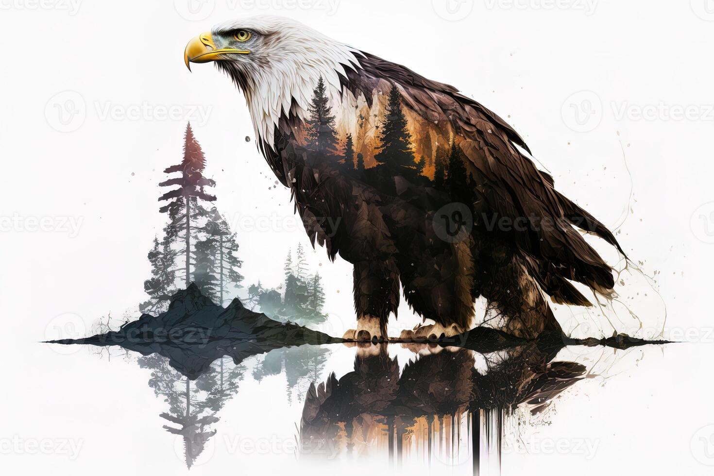 Bald eagle and the Pacific Northwest, double exposure photography. . Leader, courage, strong and brave, majestic lion. Scout photo