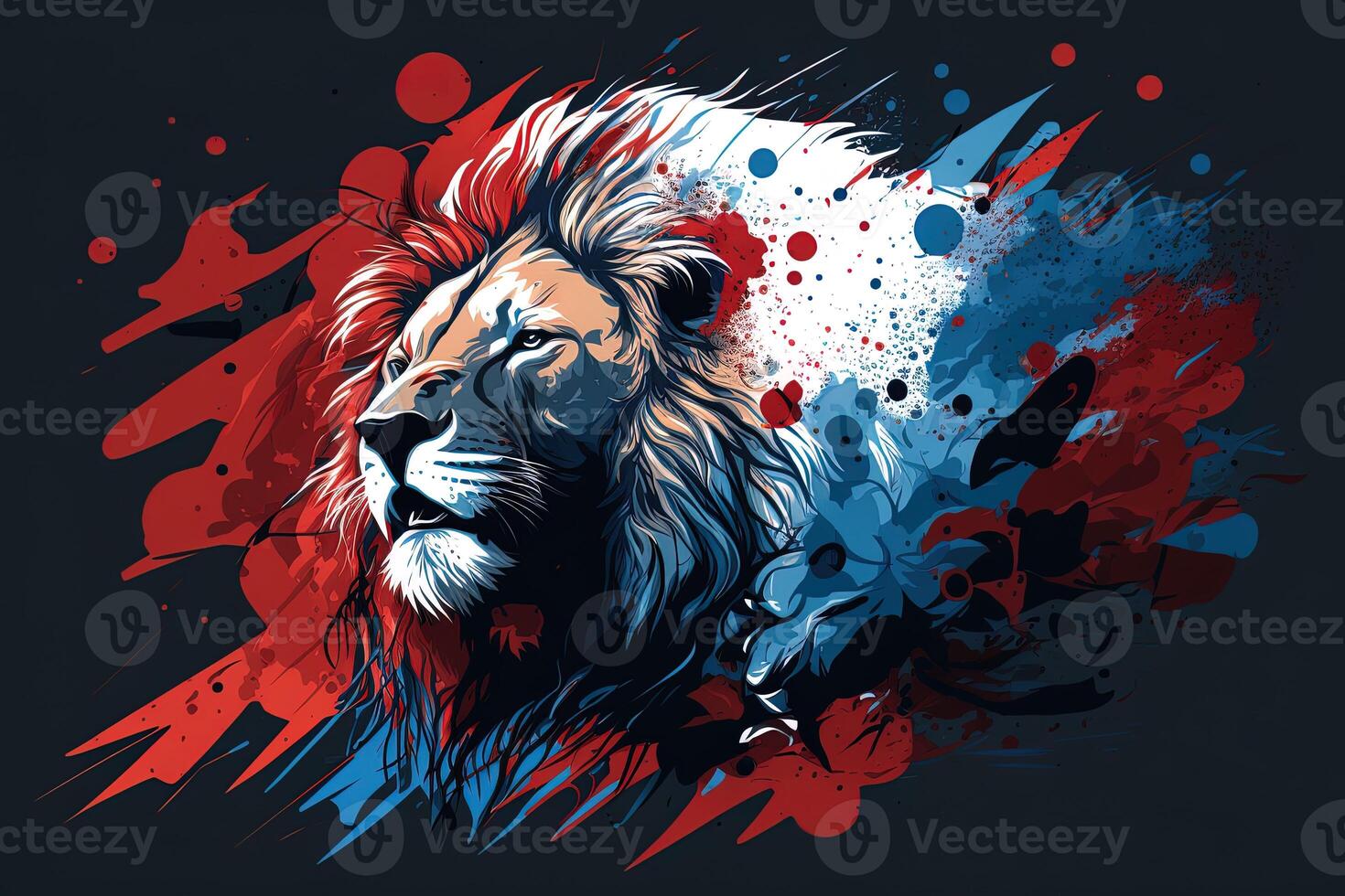 Poster of Lion roaring, Abstract poster of a dangerous and powerful roaring male lion. . Creative fire flames art paint coming from the mad king of the jungle. photo
