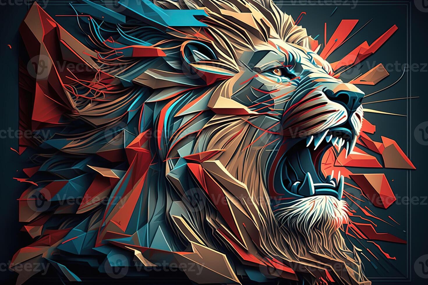 Poster of Lion roaring, Abstract poster of a dangerous and powerful roaring male lion. . Creative fire flames art paint coming from the mad king of the jungle. photo