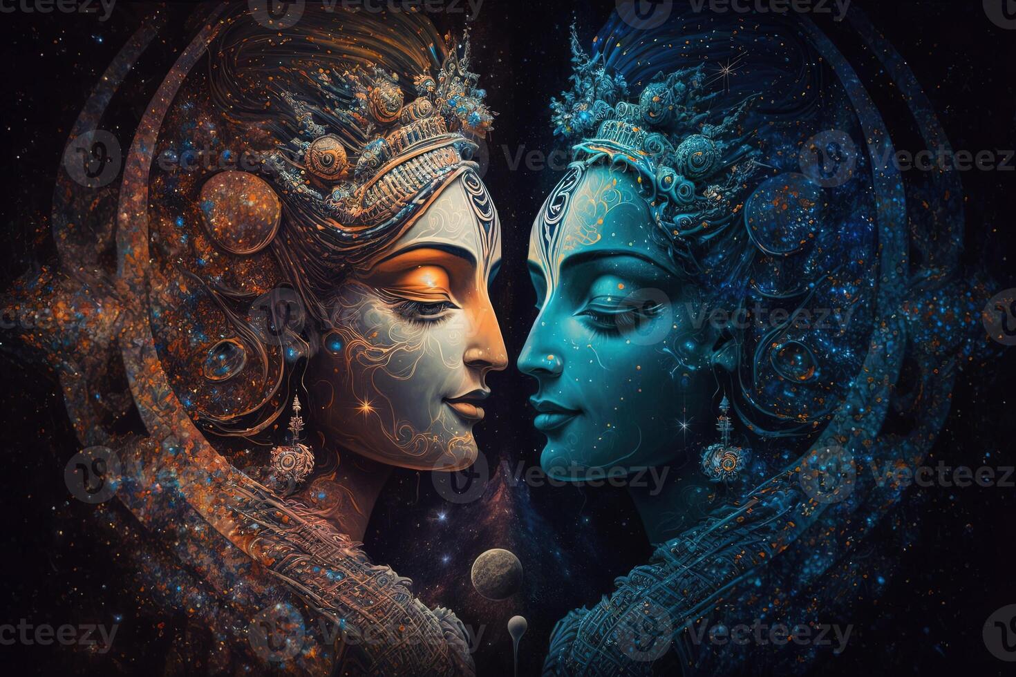 Radha krishna in love medium shot photography portrait of cosmic galactic . symbol of Devine Love. Art Print For Home Decor hindu couple on abstract decorative background photo