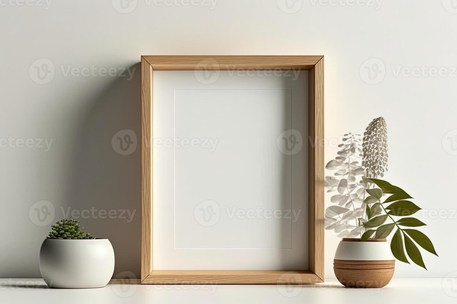 Blank picture frame mockup on wall in modern interior. Artwork template mock up in interior design. Wooden Picture Frame Mockup on White Wall Minimalist - photo