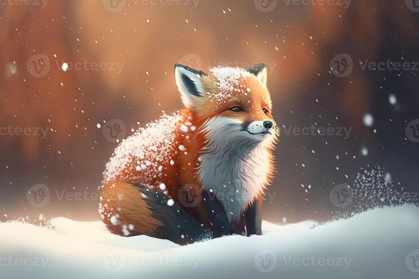 Cute red fox baby cartoon dreamlike in snow, winter, . Animal and landscape concept. photo