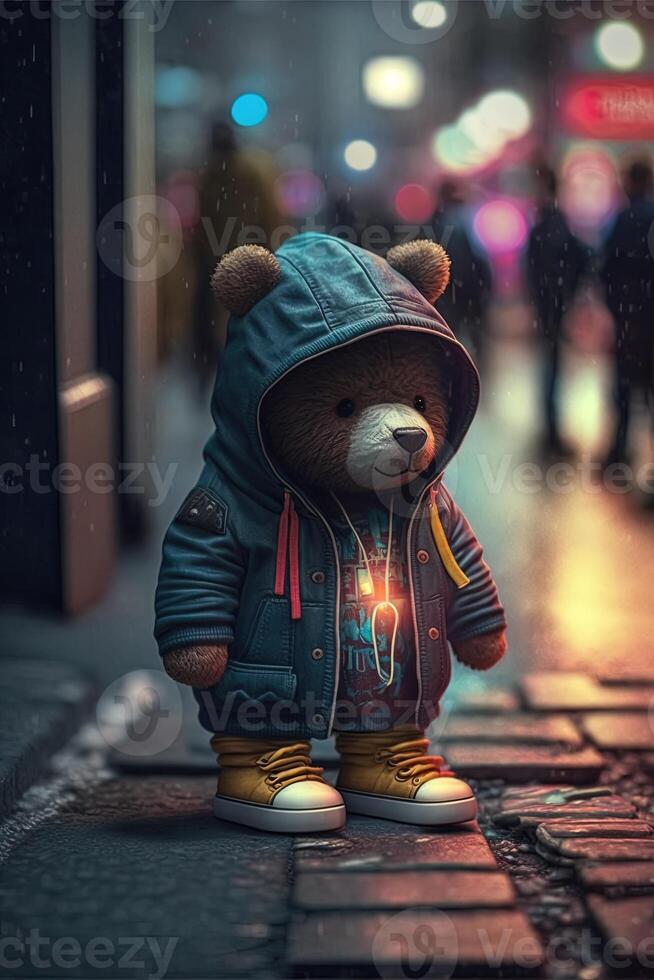 toy cute Bear in clothes jacket and sneakers on street background with neon lighting, photo