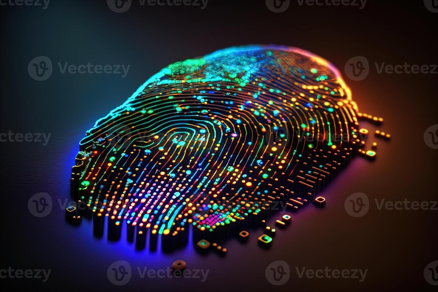 Photo of Holographic Fingerprint Security in the Digital Age, Protecting Big Data with AI Technology . Fingerprint integrated in a printed circuit, releasing binary codes.