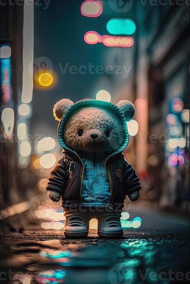 toy cute Bear in clothes jacket and sneakers on street background with neon lighting, photo