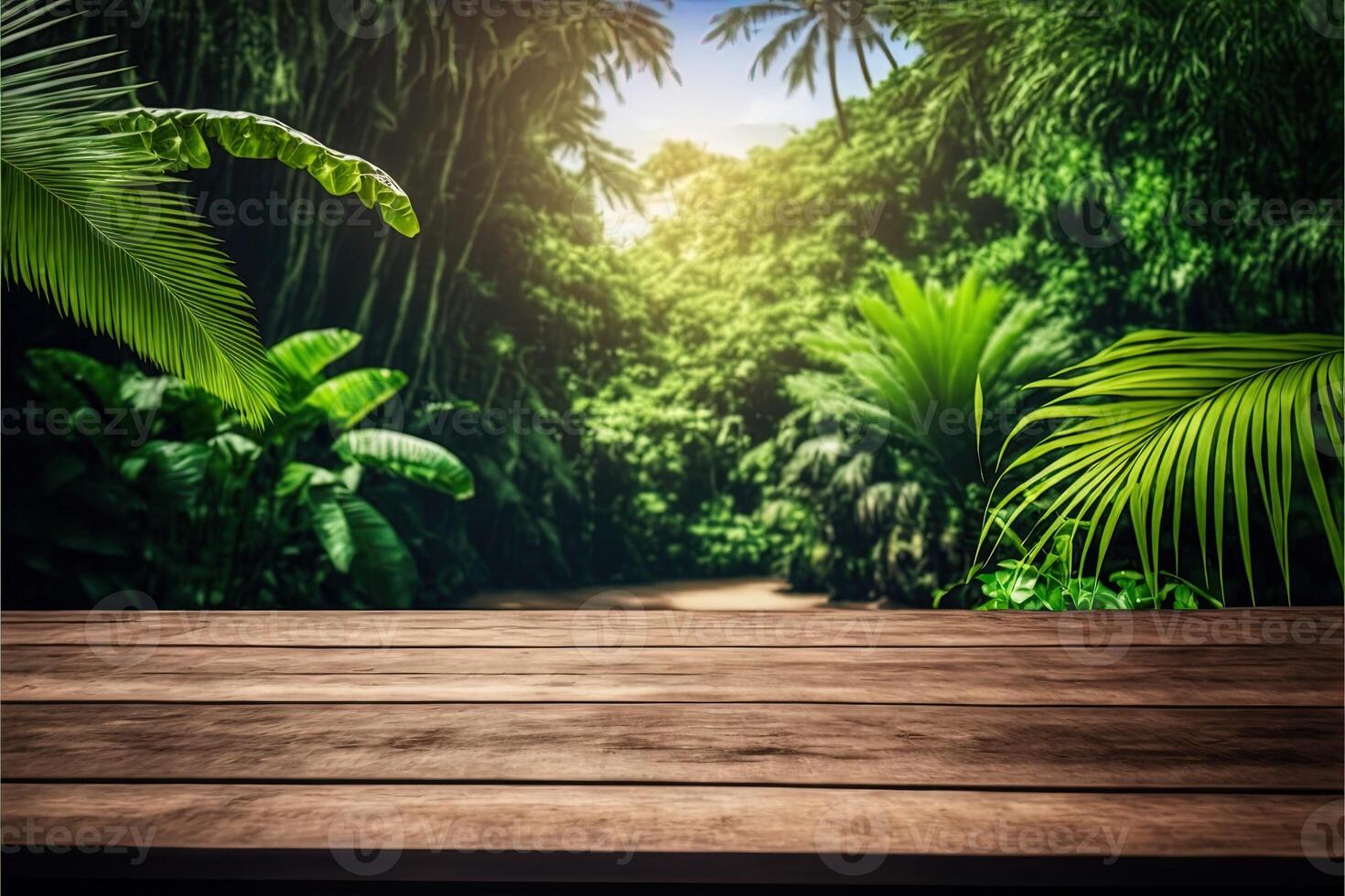 Tropical background with a wooden table on the forefront and lush vegetation with lots of copy space, perfect for editing with your product. Empty ready for your product display. photo