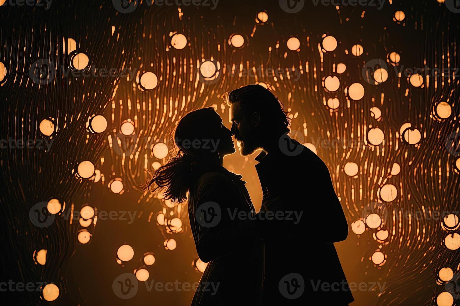 Silhouette couple dances in front of a wall of lights, exemplifying the energy and passion in their relationship, , valentine concept. photo