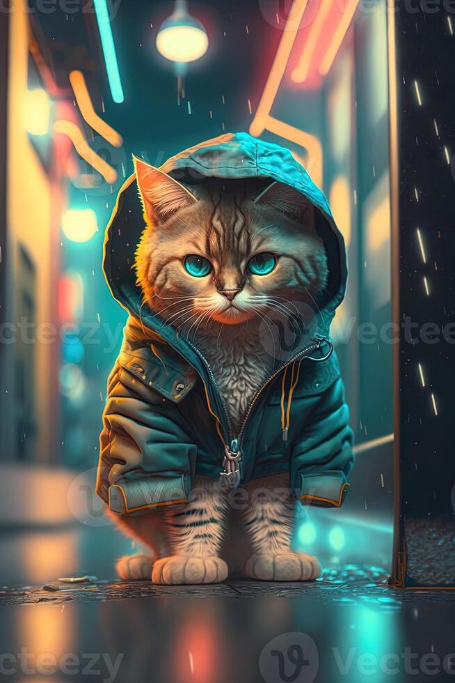 toy cute cat in clothes jacket and sneakers on street background with neon lighting, photo