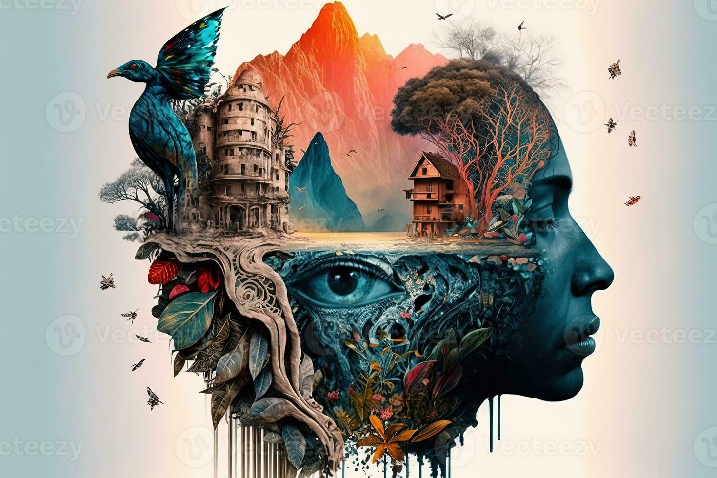 the mind lost deep in thought, thoughts of time and numbers, thoughts of a fantasy land with colorful plants and animals, surreal painting Generation AI photo