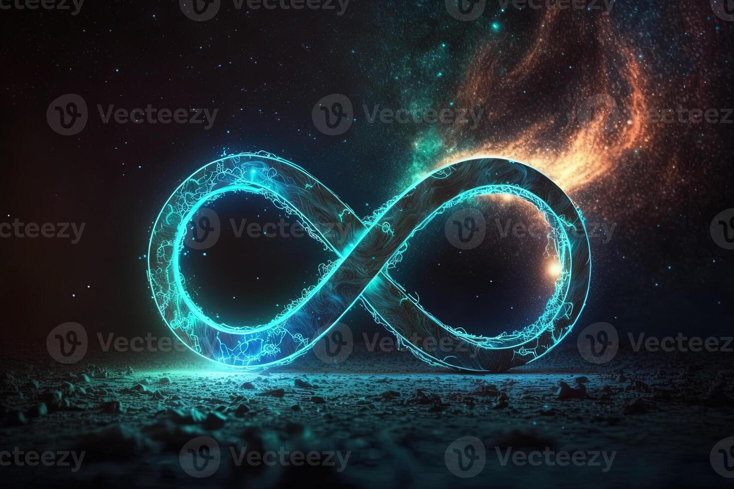 glowing neon infinity symbol in the night. . Infinity, eternity, infinite, endless, loop symbols. photo