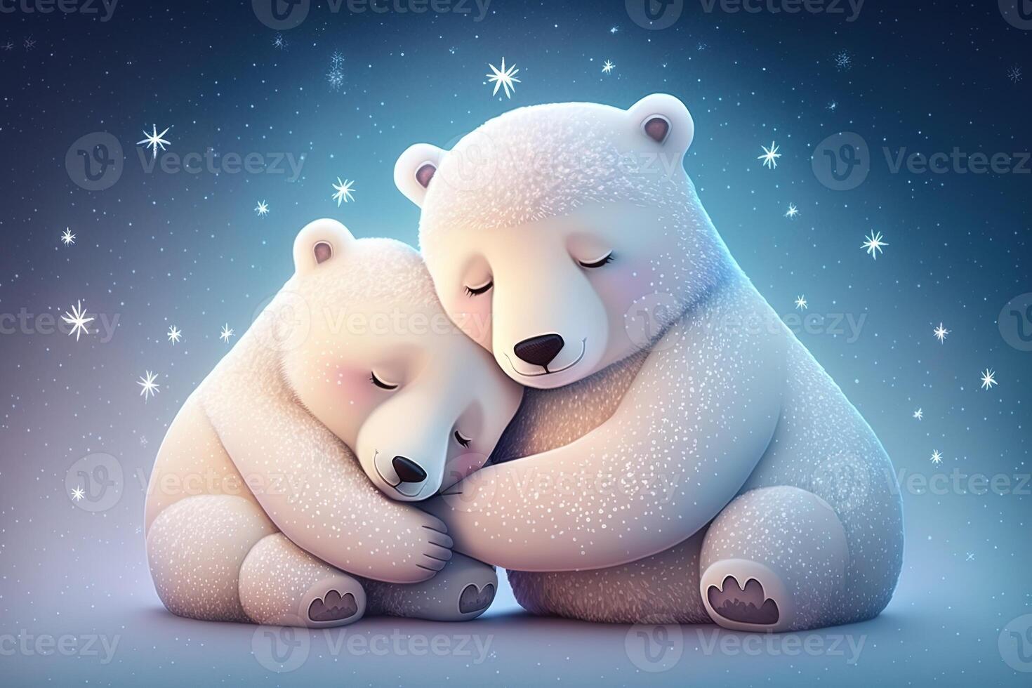 Two cute polar hug together in white snow background. Mother and baby polar bear cuddling as family in snow in winter. photo