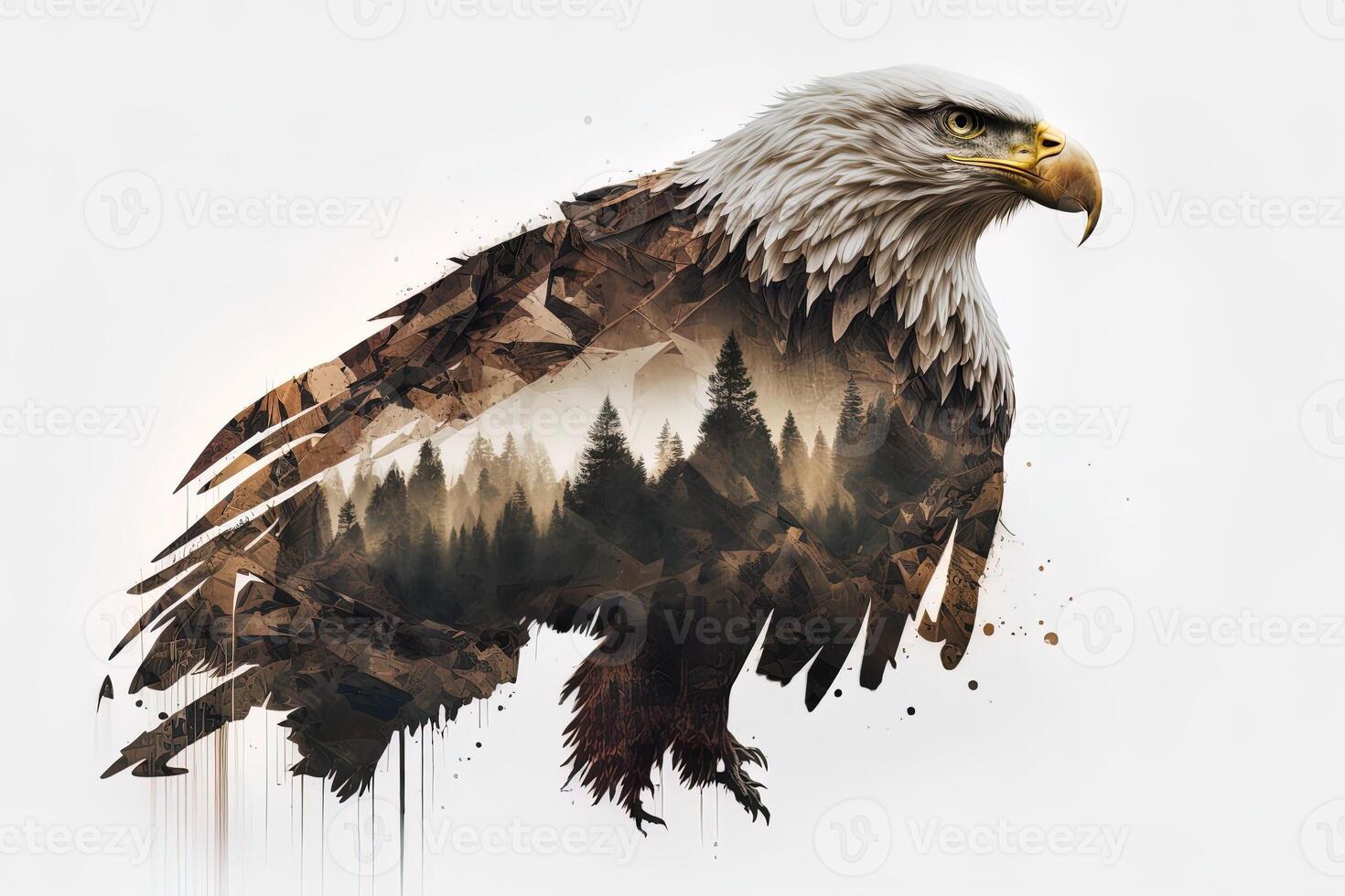 Bald eagle and the Pacific Northwest, double exposure photography. . Leader, courage, strong and brave, majestic lion. Scout photo