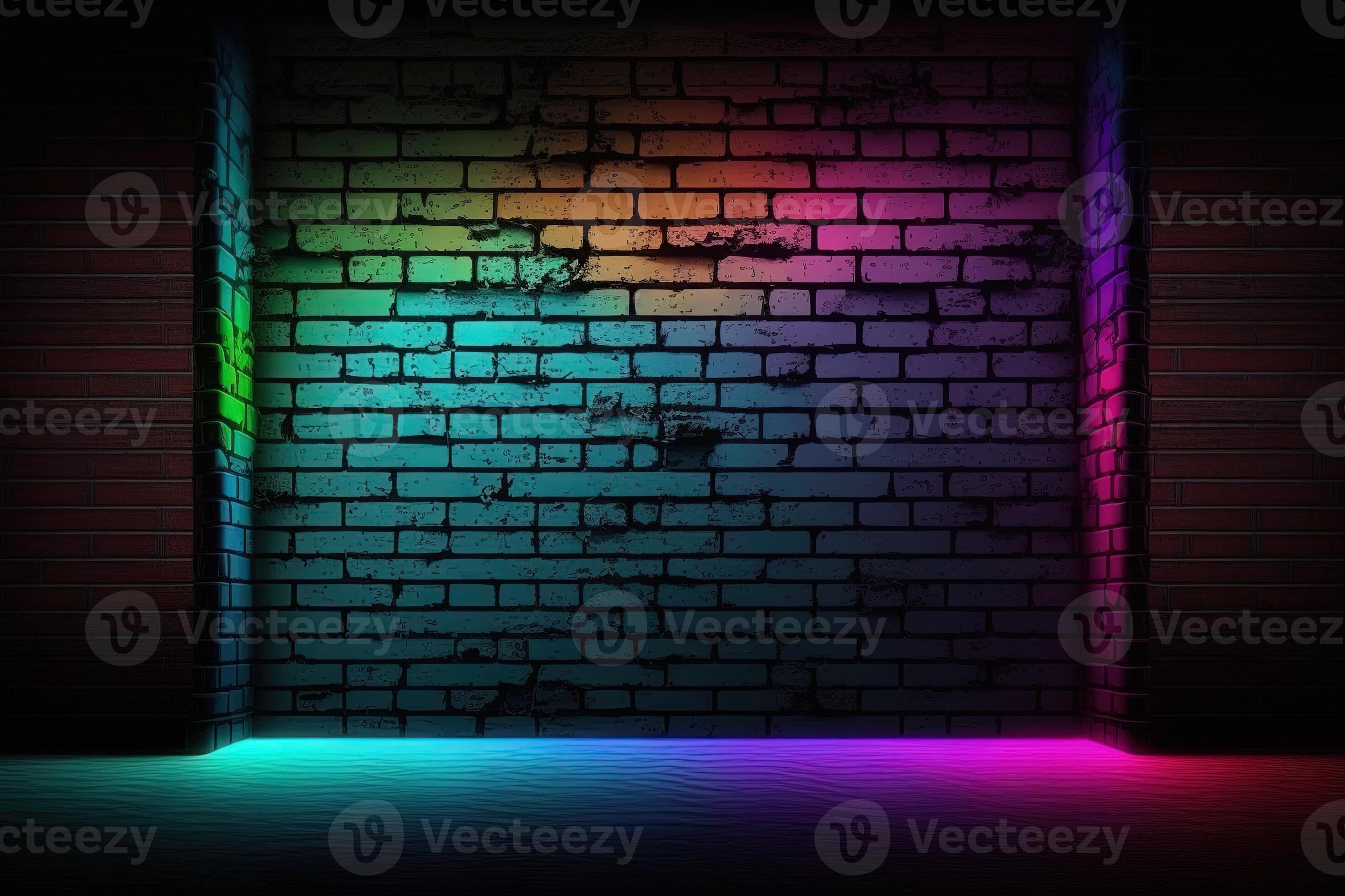 Modern futuristic blank brick wall background with neon lights old