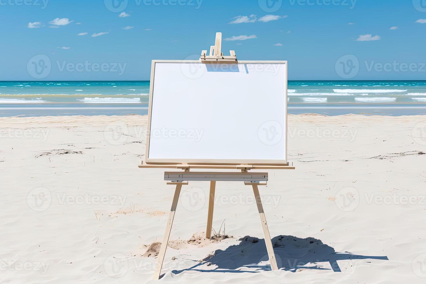 White blank artist frame on a small wooden easel on summer sea beach background with copy space. Advertising mockup artboard for pictures or artwork. Painting frame template banner. photo