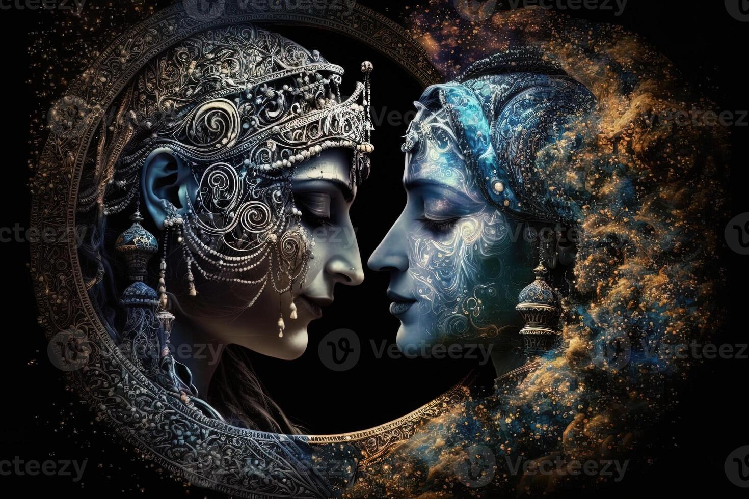 Radha krishna in love medium shot photography portrait of cosmic galactic . symbol of Devine Love. Art Print For Home Decor hindu couple on abstract decorative background photo