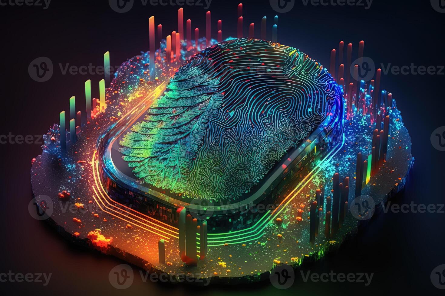 Photo of Holographic Fingerprint Security in the Digital Age, Protecting Big Data with AI Technology . Fingerprint integrated in a printed circuit, releasing binary codes.